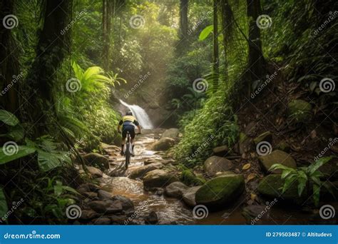 Biking Adventure Through Lush Forests And Past Waterfalls Stock