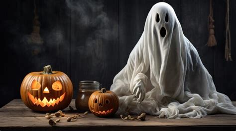 Premium AI Image | A creepy halloween pumpkin and a ghost on a wooden table