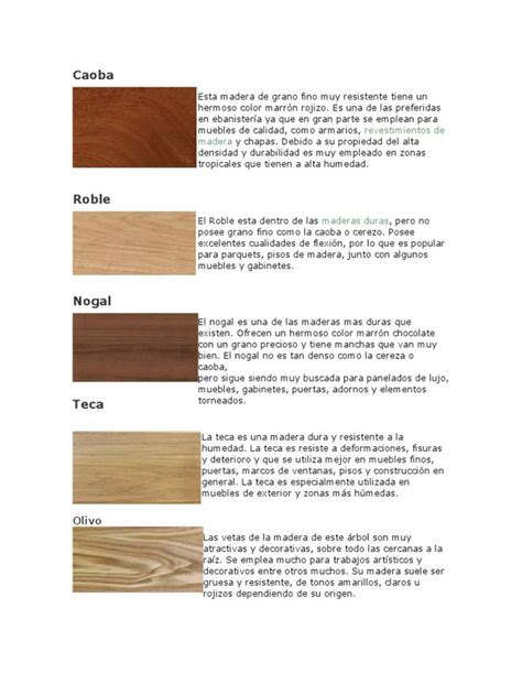 Tipos De Maderas Pdf Carpinter A Madera En Colores De