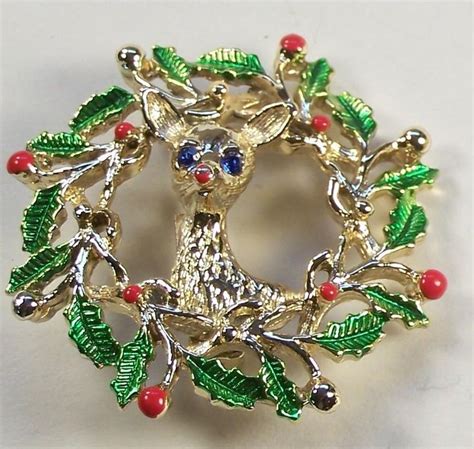 Vintage Gerry S Reindeer And Wreath Christmas Pin Brooch Christmas