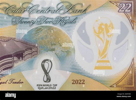 Close Up On New Qatar Riyals Banknotes To Commemorate The Fifa World