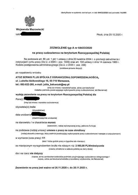 Document Of Work Permit In Poland Type A Explain With Sample Work