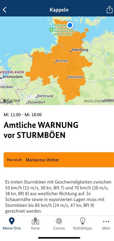 Amtliche Wetterwarnung vor Sturmböen in Kappeln SHZ