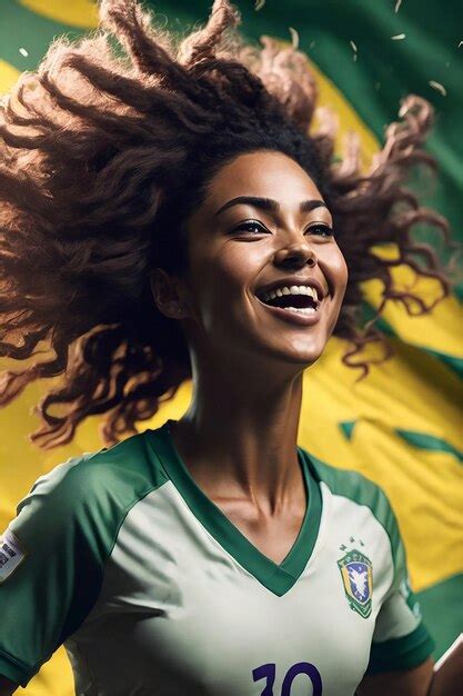 Premium AI Image | Female soccer player brazil celebrating goal in crowded stadium by winning ...