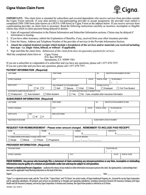 Cigna Vision Claim Form Fill Online Printable Fillable Blank