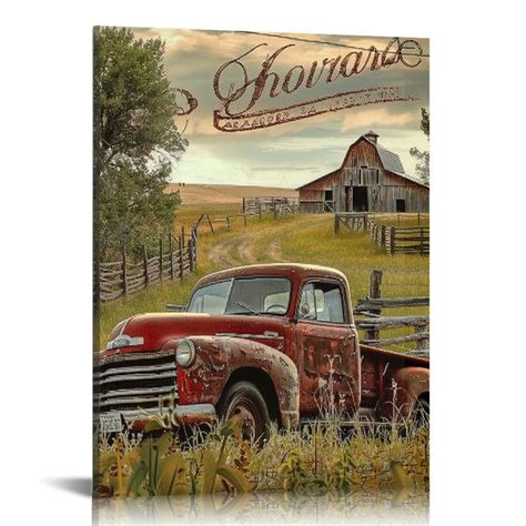 Gotuvs Barn Pictures Wall Decor Red Truck Farmhouse Canvas Vintage Car