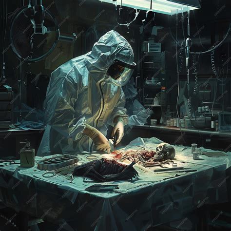 A detailed image of a forensic pathologist performing an autopsy