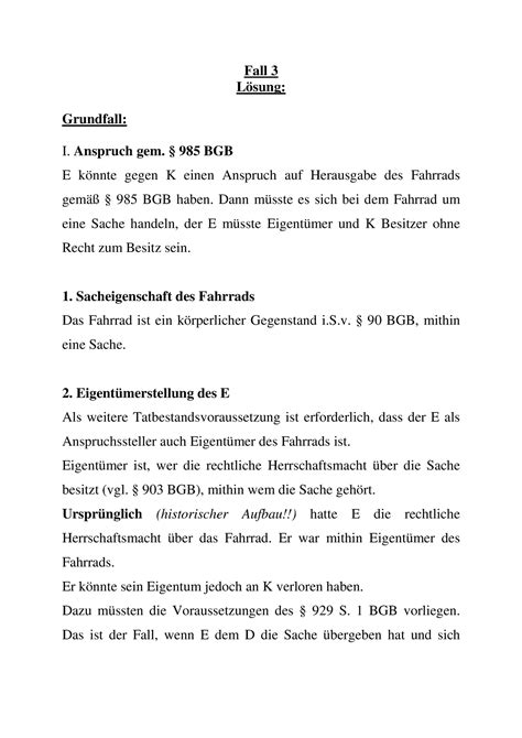 Loesung Fahrrad Schadensersatz Nach Bgb Fall L Sung Grundfall