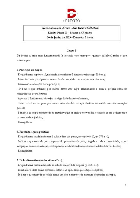 Direito Penal Ii Exame De Recurso T Picos De Correc O Grupo I