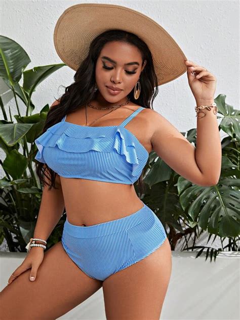 Plus Ruffle Trim High Waisted Bikini Swimsuit SHEIN USA