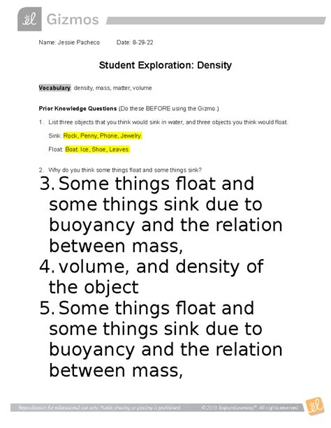 Density Se A Gizmo Lab Name Jessie Pacheco Date Student