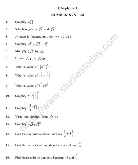 The Number System Worksheet For Class 11 And 12 Which Is Written In