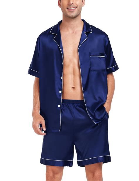 Men Satin Silk Pajamas Sets Short Sleeve Sleepwear Button Down Pjs Sets