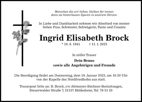 Traueranzeigen Von Ingrid Elisabeth Brock Trauerportal Hildesheimer