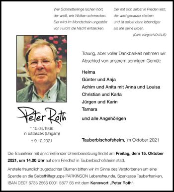 Traueranzeigen Von Peter Roth Trauerportal Ihrer Tageszeitung