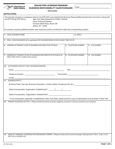 NYS DMV Form DTP 405 Online Pre Licensing Program Business