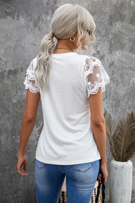 Us 573 Dropship White Lace Flutter Sleeve Top