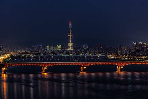 Lotte Tower and Seongsu Bridge Editorial Stock Image - Image of night ...