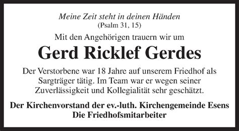 Traueranzeigen Von Gerd Ricklef Gerdes Nordwest Trauer De