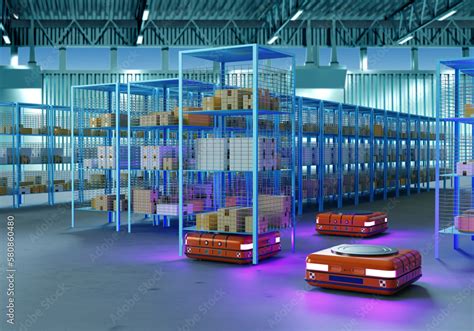 Automated warehouse. Robots in warehouse building. Shelves with boxes ...