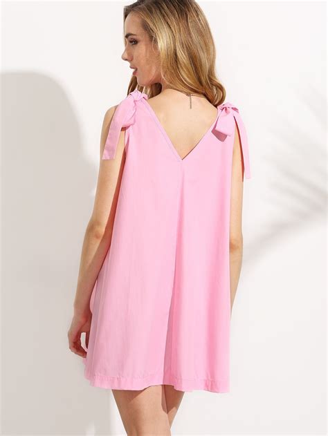 Pink Double V Neck Bow Tie Shoulder Sleeveless Dress Shein Sheinside