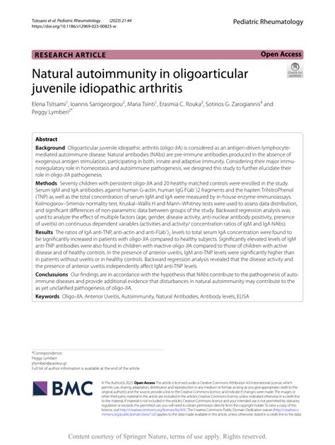 PDF Natural Autoimmunity In Oligoarticular Juvenile Idiopathic Arthritis