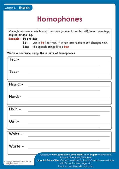 Homophones Worksheet Grade 5 PYP Grade1to6 Worksheets Library