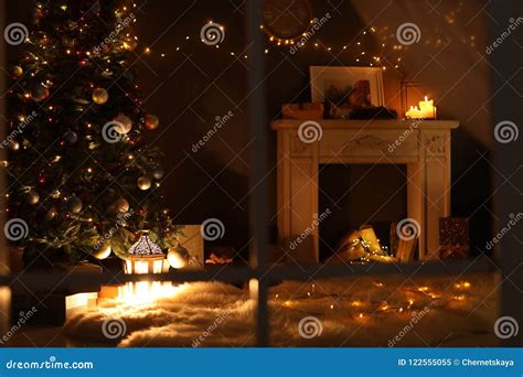 stylish living room interior  decorated christmas tree stock image