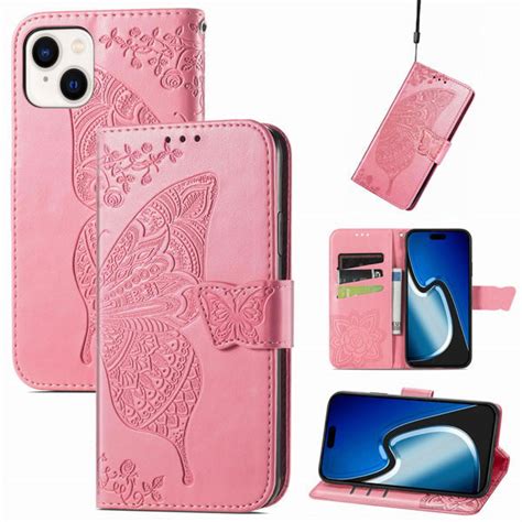 iPhone 15 Embossed Butterfly Wallet Case with Wrist Strap and Crossbody Strap Pink