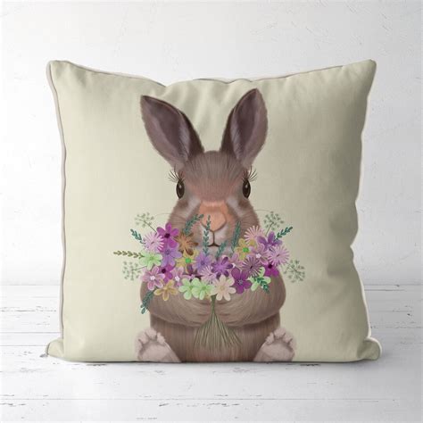 Cute Rabbit Pillow Cover Bunny Bouquet Hug, Rabbit Cushion Cover, Spring Throw Pillow, Country ...