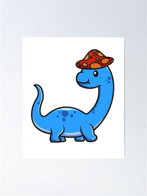 Simple Red And Yellow Mushroom Hat Blue Brontosaurus Dinosaur Poster