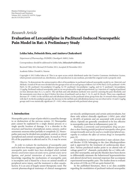 Pdf Evaluation Of Lercanidipine In Paclitaxel Induced Neuropathic