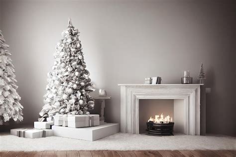 Premium AI Image Cozy White Christmas Interior With Fireplace And Tree