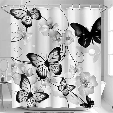 Black And White Butterfly Pattern Shower Curtain Cartoon Style Bathroom