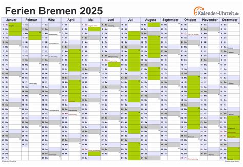 Ferien Bremen 2025 - Ferienkalender zum Ausdrucken