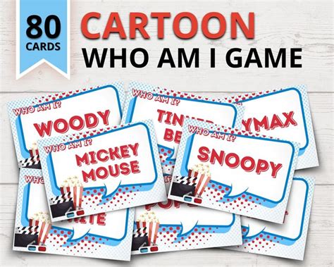 cartoon who am i game cards with the words woody be snoopy and mickey mouse