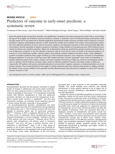 Pdf Predictors Of Outcome In Early Onset Psychosis A Systematic Review