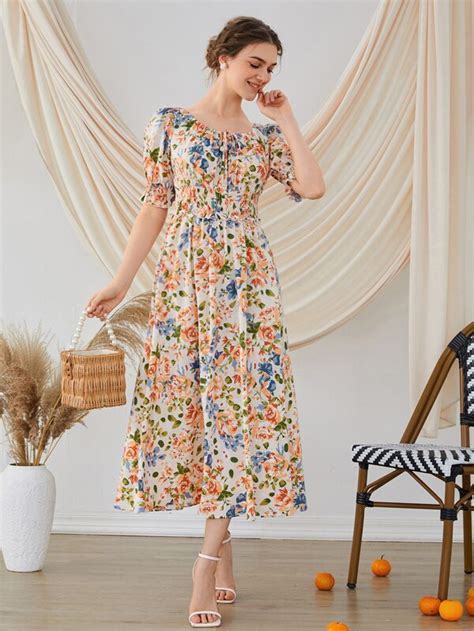 Shein Mulvari Vestido Con Fruncido Con Estampado Floral Con Nudo