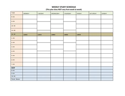 Weekly Study Schedule Template - This Plan Does Not Vary From Week to ...