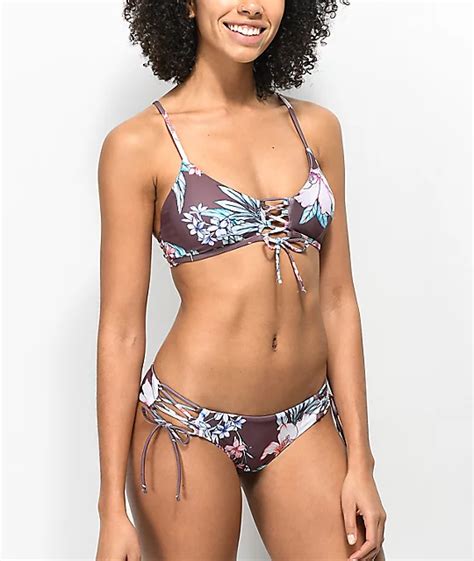 Damsel Waikiki Purple Floral Lace Up Reversible Cheeky Bikini Bottom