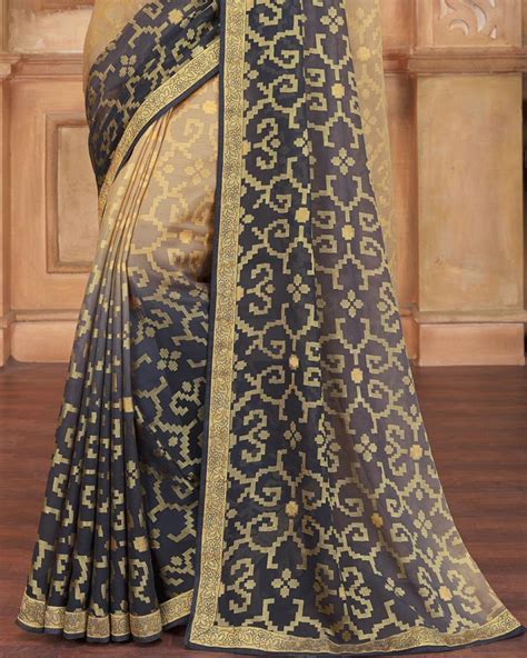 Vishal Prints Light Brown And Grey Brasso Saree With Zari Border