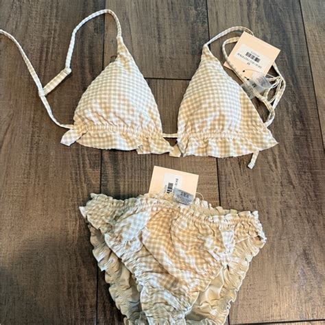 Kittenish Swim Kittenish Gingham Ruffle Bikini Set Cream Khaki Nwt