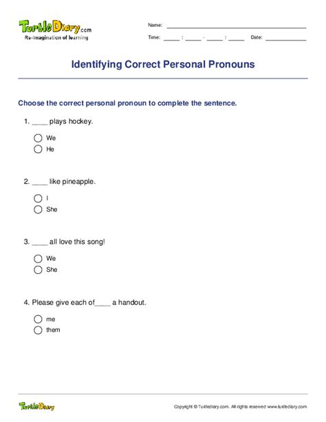 Identifying Correct Personal Pronouns Turtle Diary Worksheet