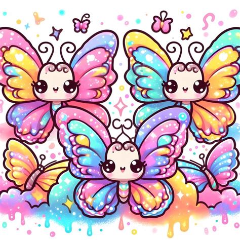 Linda Mariposa De Dibujos Animados Con Alas De Arco Iris En Fondo Rosa