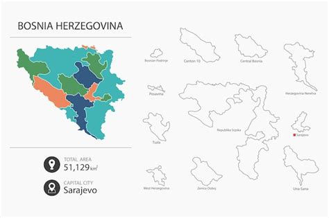 ボスニア ヘルツェゴビナの地図と詳細な国の地図 都市の総面積と首都の地図要素 プレミアムベクター