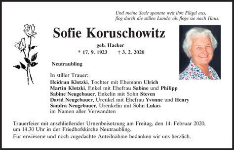 Traueranzeigen Von Sofie Koruschowitz Mittelbayerische Trauer