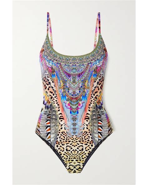 Camilla Denim Crystal Embellished Printed Swimsuit In Purple Lyst