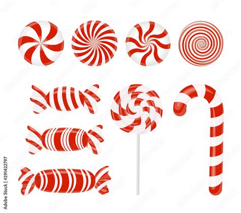 Vector set of red candies. Caramel, Lollipop, Lollipop, striped candy ...