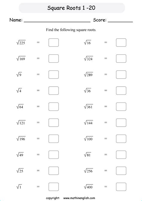 Square Root Practice Sheet