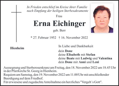 Traueranzeigen Von Erna Eichinger Mittelbayerische Trauer